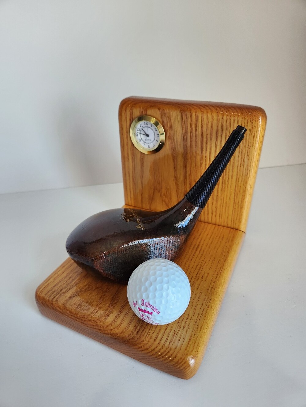 Vintage Gene Sarazen Golf Club Desk Clock Decor St. Andrews Golf Ball Real Wood